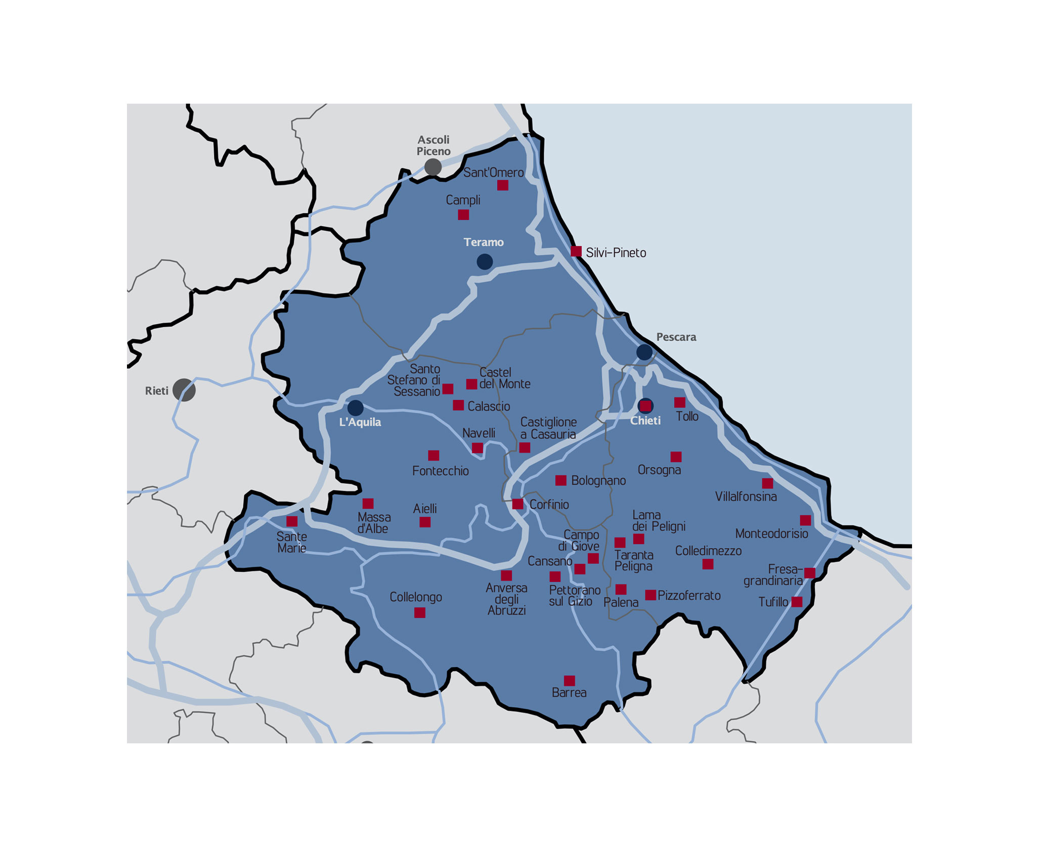 BorghiIN Rete Abruzzo Cartina Cooperative di Comunità aderenti Confcooperative